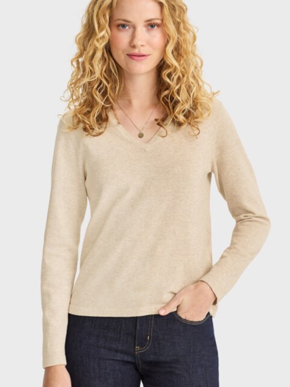 Cabi Beige V-Neck Long‎ Sleeve Rayon Cotton Blend Knit Sweater Style 746 Size M
